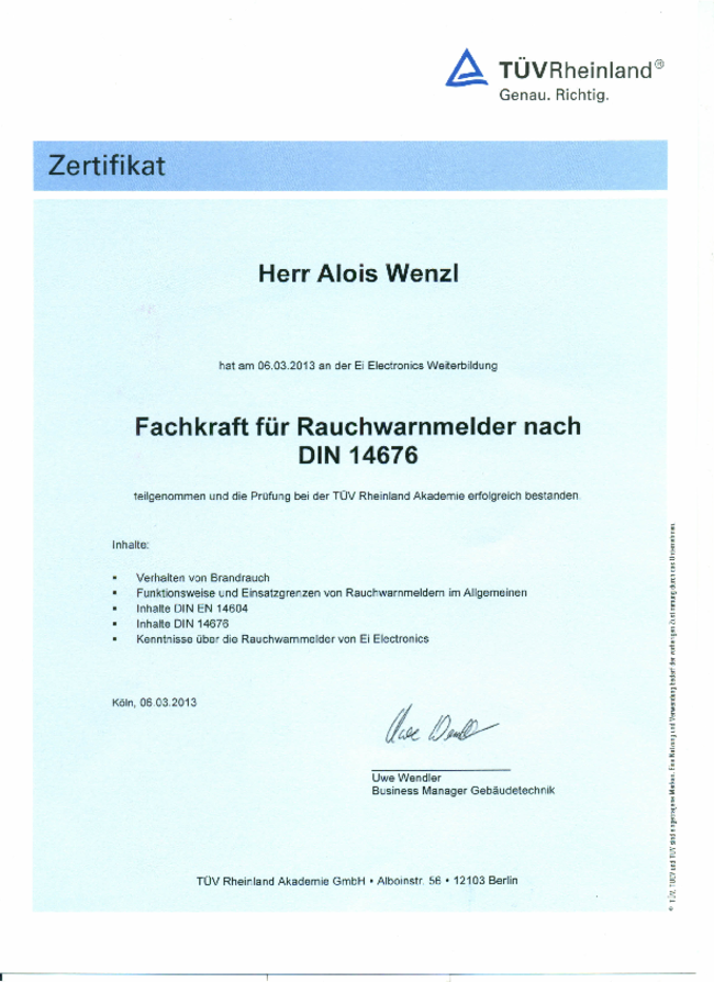 TUEV Zertifikat Rauchwarnmelder bei Elektro Wenzl GmbH in Pappenheim-Bieswang