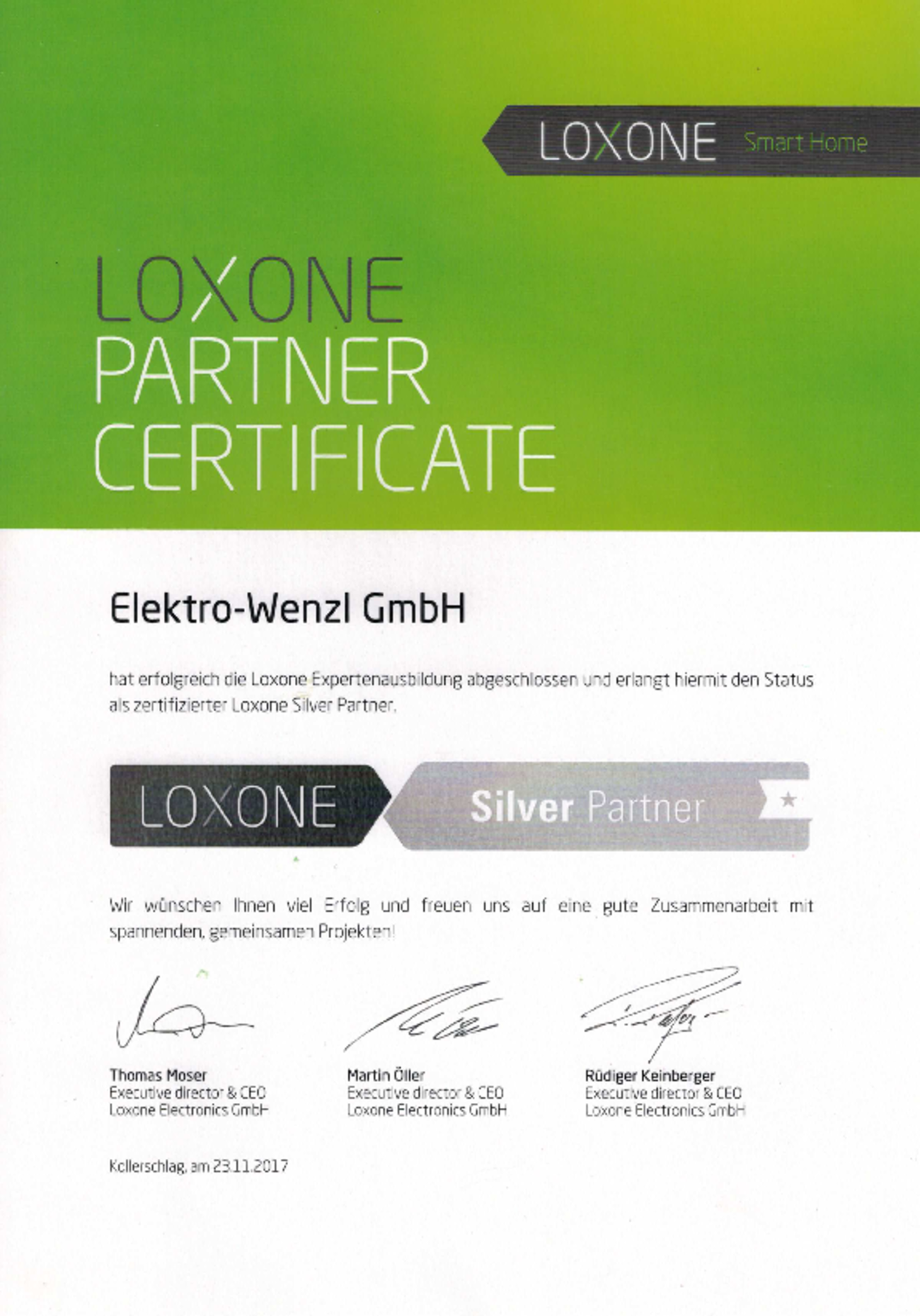 Loxone Partner Zertifikat Elektro Wenzl